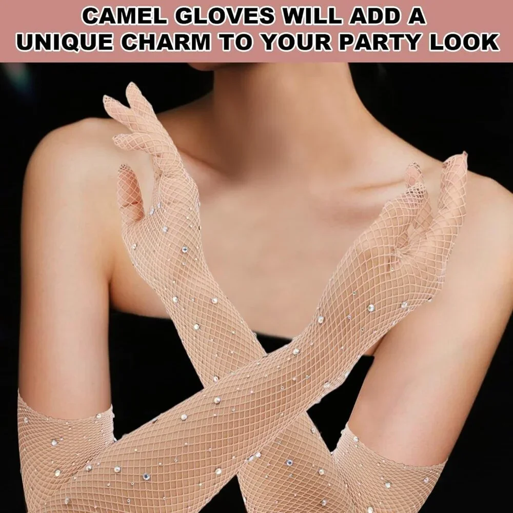 Women's Tan Evening Rhinestone Long Sleeves Arm Elbow Length Party Gloves